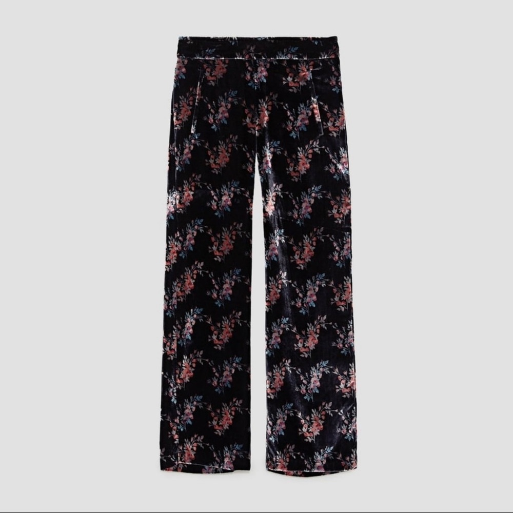 Zara Floral Velvet Black Pull On Trouser Pants Small